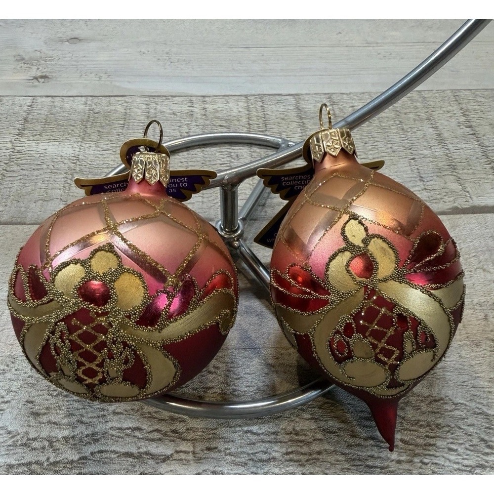 William Sullivan Poland HandBlown Glass Christmas Ornament Set 2 Ball Finial VTG